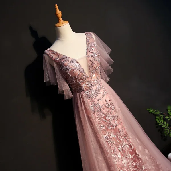 Elegant Pearl Pink Evening Dresses 2019 A-Line / Princess Lace Beading Crystal V-Neck Short Sleeve Backless Sweep Train Formal Dresses