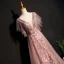 Elegant Pearl Pink Evening Dresses  2019 A-Line / Princess Lace Beading Crystal V-Neck Short Sleeve Backless Sweep Train Formal Dresses