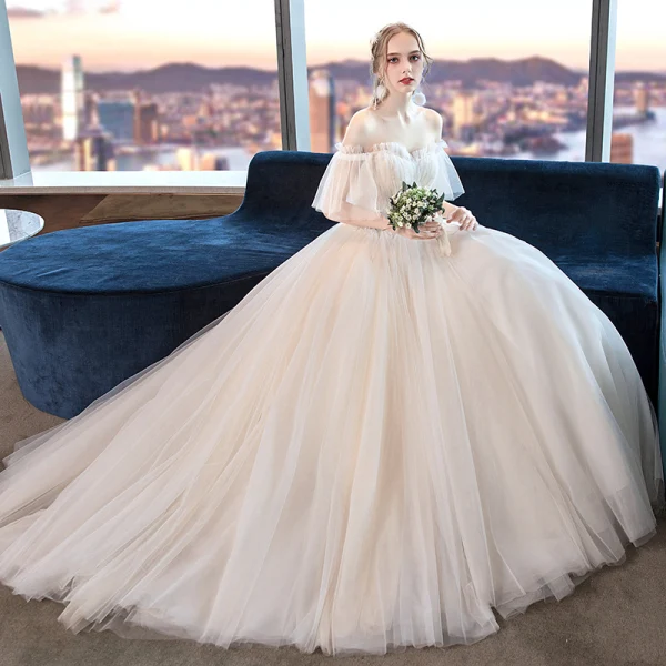 Elegant Ivory Wedding Dresses 2019 A-Line / Princess Pleated Lace Beading Crystal Off-The-Shoulder Short Sleeve Backless Court Train