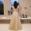 Charming Champagne Prom Dresses 2021 A-Line / Princess Square Neckline Beading Short Sleeve Backless Floor-Length / Long Prom Formal Dresses