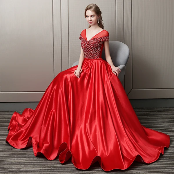 Luxury / Gorgeous Red Evening Dresses  2018 A-Line / Princess Handmade  Beading Crystal Rhinestone V-Neck Backless Short Sleeve Floor-Length / Long Formal Dresses