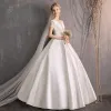 Modest / Simple Ivory Wedding Dresses 2019 Ball Gown Scoop Neck Short Sleeve Backless Floor-Length / Long
