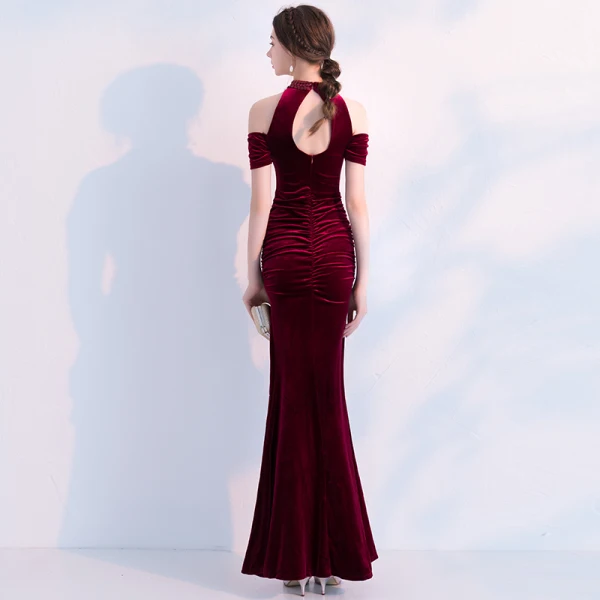 Charmant Bordeaux Robe De Soirée 2019 Trompette / Sirène Daim Perlage Cristal Paillettes Encolure Dégagée Manches Courtes Dos Nu Longueur Cheville Robe De Ceremonie