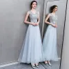 Chic / Beautiful Burgundy Evening Dresses  2019 A-Line / Princess Beading Sequins Bow V-Neck Backless Sleeveless Floor-Length / Long Formal Dresses