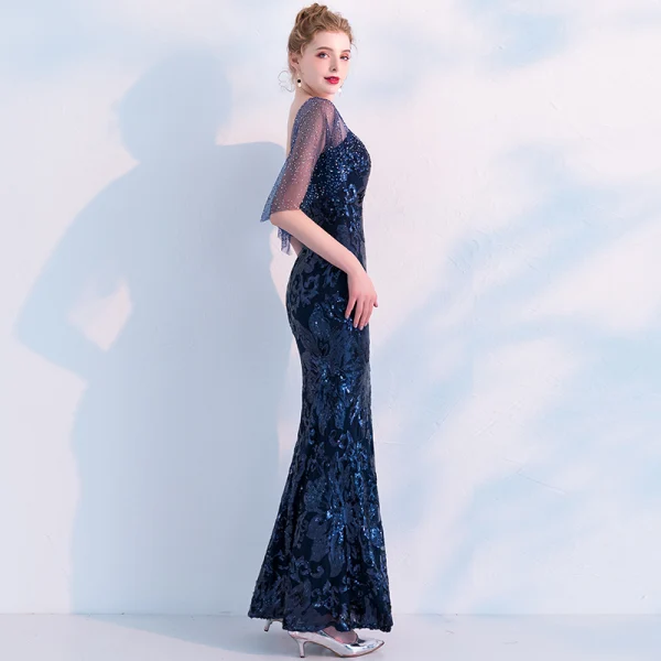 Scintillantes Bleu Marine Robe De Soirée 2019 Trompette / Sirène Paillettes Faux Diamant V-Cou Dos Nu Manches Courtes Longue Robe De Ceremonie