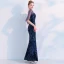 Scintillantes Bleu Marine Robe De Soirée 2019 Trompette / Sirène Paillettes Faux Diamant V-Cou Dos Nu Manches Courtes Longue Robe De Ceremonie