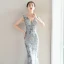 Charming Grey Evening Dresses  2019 Trumpet / Mermaid Lace Flower Crystal Sequins V-Neck Sleeveless Backless Floor-Length / Long Formal Dresses