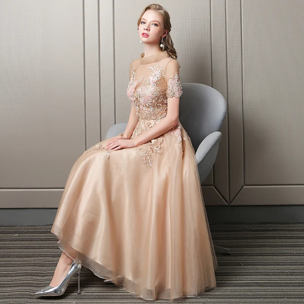 Chic / Beautiful Champagne Homecoming Graduation Dresses 2018 A-Line / Princess Lace Appliques Rhinestone Sequins Scoop Neck Short Sleeve Tea-length Formal Dresses
