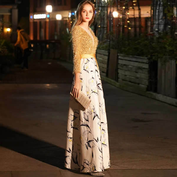 Elegant Gold Evening Dresses 2019 A-Line / Princess Tassel Scoop Neck Beading Sequins Long Sleeve Split Front Printing Floor-Length / Long Formal Dresses