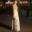 Elegant Gold Evening Dresses  2019 A-Line / Princess Tassel Scoop Neck Beading Sequins Long Sleeve Split Front Printing Floor-Length / Long Formal Dresses