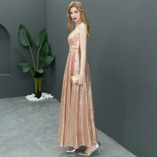 Scintillantes Doré Robe De Soirée 2019 Princesse Glitter Paillettes Bretelles Spaghetti Sans Manches Dos Nu Longueur Cheville Robe De Ceremonie