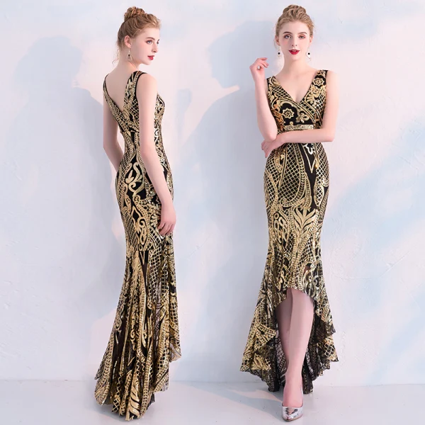 Charmant Noire Doré Robe De Soirée 2019 Trompette / Sirène Paillettes V-Cou Sans Manches Dos Nu Asymétrique Robe De Ceremonie
