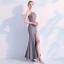 Schlicht Grau Abendkleider 2019 Meerjungfrau Spitze Rundhalsausschnitt Ärmellos Rückenfreies Schleife Gespaltete Front Knöchellänge Festliche Kleider