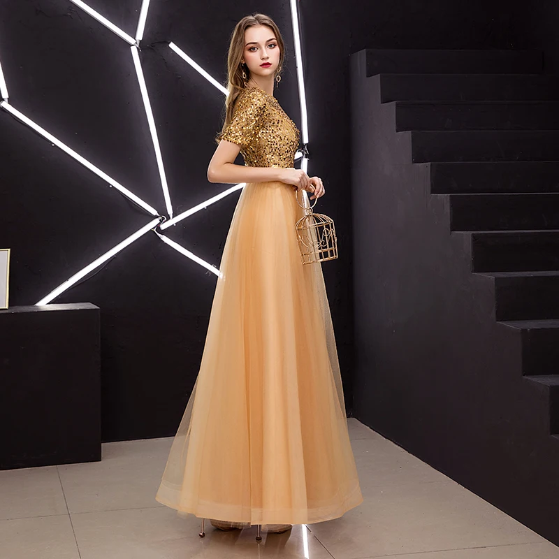 Elegant Gold Prom Dresses 2019 A Line Princess Scoop Neck Sequined Short  Sleeve Ankle Length Formal Dresses