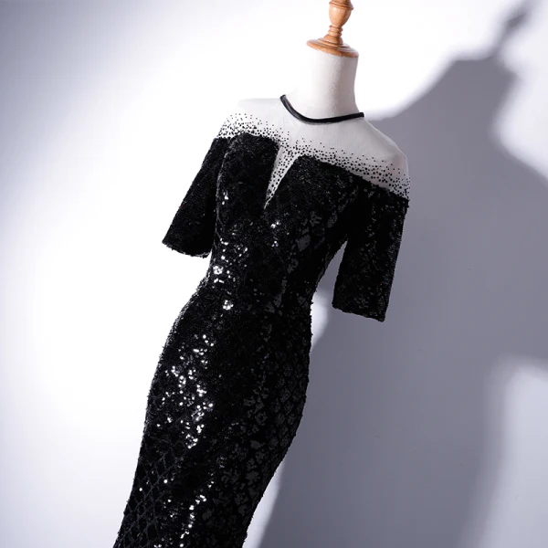 Chic / Beautiful Black Evening Dresses 2019 Trumpet / Mermaid Scoop Neck Lace Beading Sequins 1/2 Sleeves Floor-Length / Long Formal Dresses