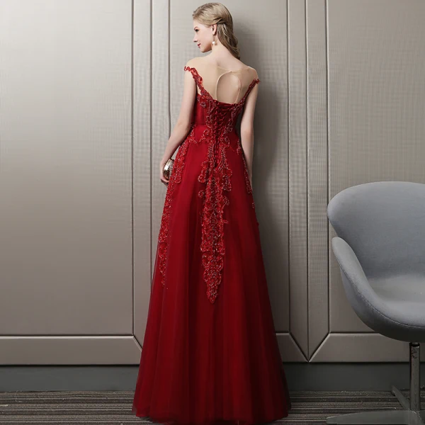 Luxury / Gorgeous Burgundy Evening Dresses  2018 A-Line / Princess Crystal Beading Lace Flower Scoop Neck Backless Cap Sleeves Floor-Length / Long Formal Dresses