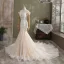 Sexy Champagne Wedding Dresses 2021 Trumpet / Mermaid Scoop Neck Sequins Lace Flower Short Sleeve Backless Cathedral Train Wedding