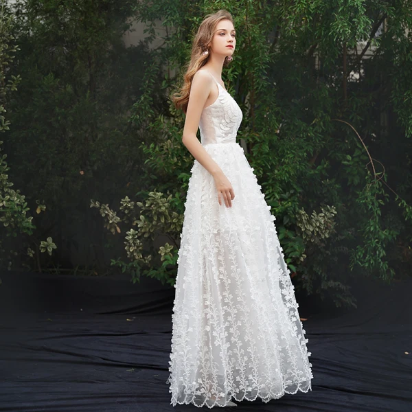 Moderne / Mode Ivoire Plage Robe De Soirée 2019 Princesse Bretelles Spaghetti Appliques Sans Manches Dos Nu Longue Robe De Ceremonie