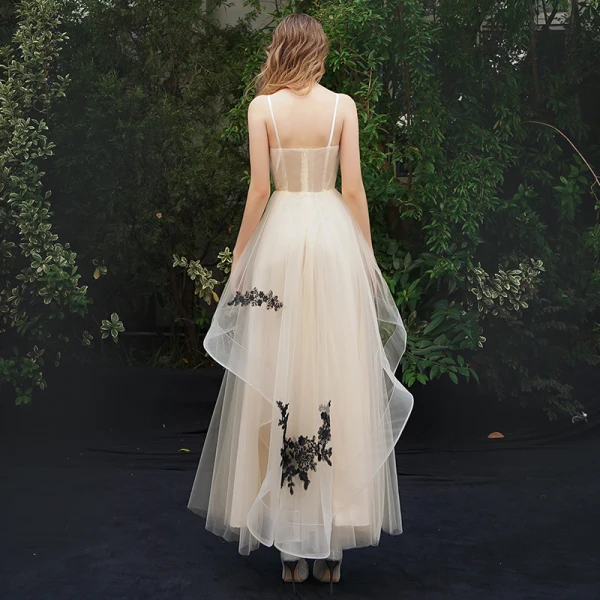 Élégant Champagne Robe De Soirée 2019 Princesse Bretelles Spaghetti En Dentelle Appliques Sans Manches Dos Nu Longueur Cheville Robe De Ceremonie