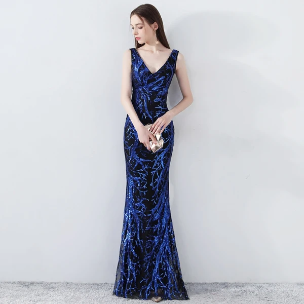 Chic / Belle Bleu Roi Robe De Soirée 2019 Trompette / Sirène V-Cou Sans Manches Paillettes Dos Nu Longue Robe De Ceremonie