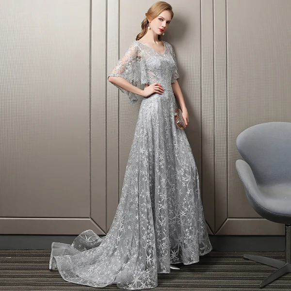elegant silver dresses Elegant Silver full length Dress with Straps heavy Crystals Beaded Tulle Formal Gowns Nude / 16 / U.S