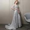 Elegant Silver Star Evening Dresses  2018 A-Line / Princess Lace Crystal Beading V-Neck Backless 1/2 Sleeves Sweep Train Formal Dresses