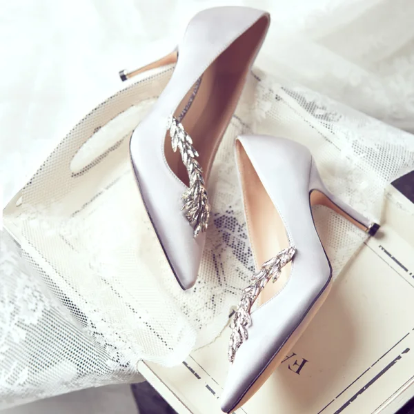 Chic / Beautiful Champagne Wedding Shoes 2019 Leather Crystal 10 cm Stiletto Heels Pointed Toe Wedding Pumps