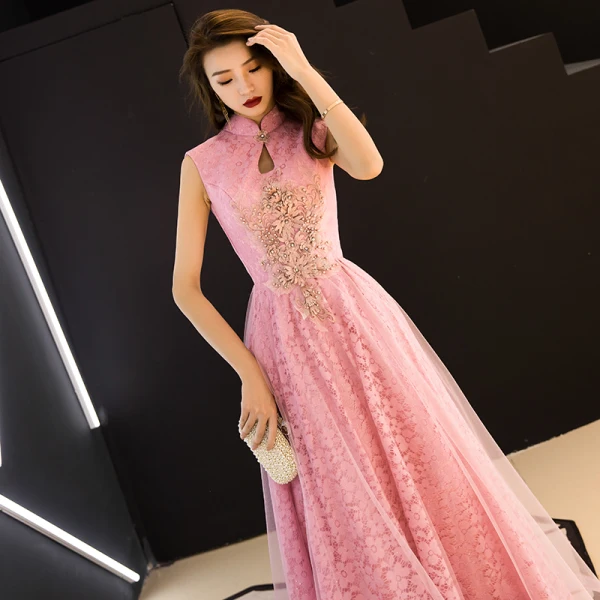 Chinese style Candy Pink Evening Dresses 2019 A-Line / Princess High Neck Appliques Beading Sleeveless Backless Lace Floor-Length / Long Formal Dresses
