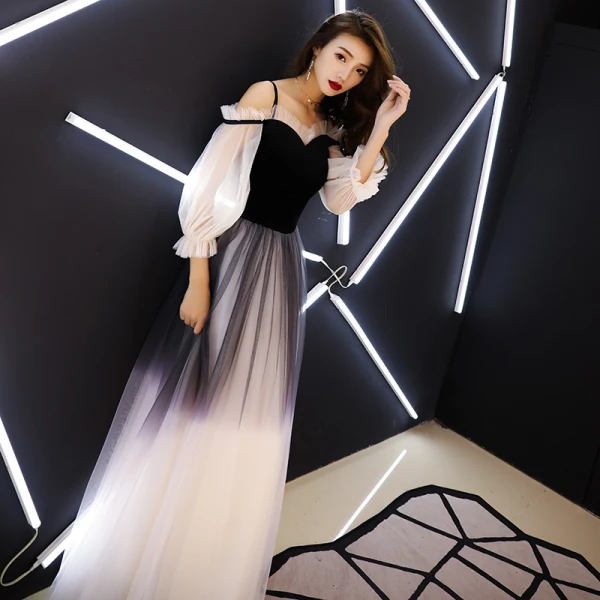 Modern / Fashion Gradient-Color Black Evening Dresses 2019 A-Line / Princess Spaghetti Straps Pleated 3/4 Sleeve Backless Floor-Length / Long Formal Dresses