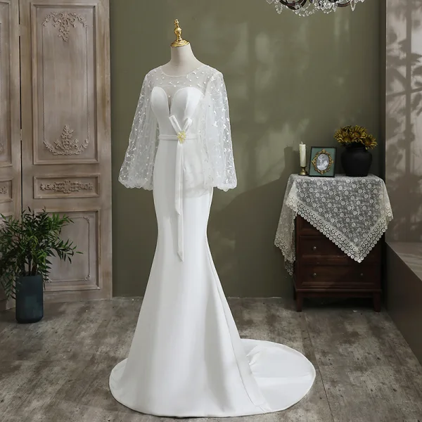 Mode Ivory / Creme Meerjungfrau Brautkleider / Hochzeitskleider 2021 Rundhalsausschnitt Pailletten Schleife Spitze Blumen Lange Ärmel Rückenfreies Sweep / Pinsel Zug Hochzeit