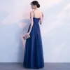 Chic / Belle Glitter Bleu Marine Robe De Soirée 2018 Princesse Bretelles Spaghetti Dos Nu Sans Manches Longue Robe De Ceremonie