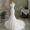 Charming Ivory Wedding Dresses 2021 Trumpet / Mermaid V-Neck Beading Pearl Sequins Lace Flower Sleeveless Backless Court Train Wedding