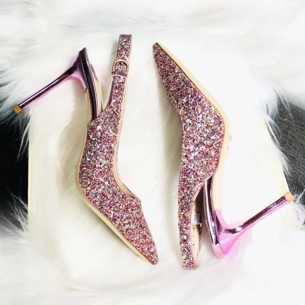 Scintillantes Champagne Soirée Chaussures Femmes 2019 Boucle Cuir Paillettes Faux Diamant 9 cm Talons Aiguilles À Bout Pointu Talons Hauts