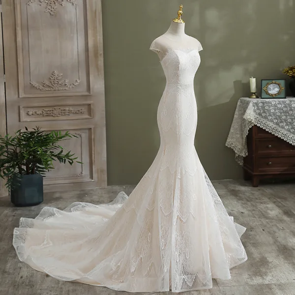 Charming Ivory Trumpet / Mermaid Wedding Dresses 2021 Scoop Neck Lace Flower Short Sleeve Backless Chapel Train Wedding