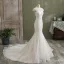 Charming Ivory Trumpet / Mermaid Wedding Dresses 2021 Scoop Neck Lace Flower Short Sleeve Backless Chapel Train Wedding