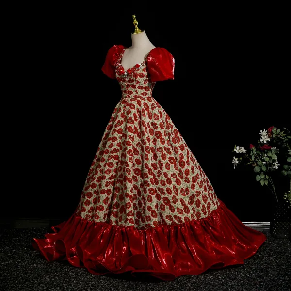 Fantaisie Bordeaux Fait main Appliques Floral Robe De Bal 2025 Robe Boule Encolure Carrée Manches Courtes Dos Nu Longue Robe De Ceremonie