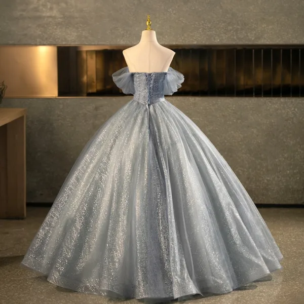 Bling Bling Grey Butterfly Appliques Sequins Tassel Prom Dresses 2025 Ball Gown Off-The-Shoulder Short Sleeve Backless Floor-Length / Long Formal Dresses