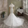 Fashion White Trumpet / Mermaid Wedding Dresses 2021 Off-The-Shoulder Glitter Sequins Lace Flower Sleeveless Backless Cathedral Train Wedding