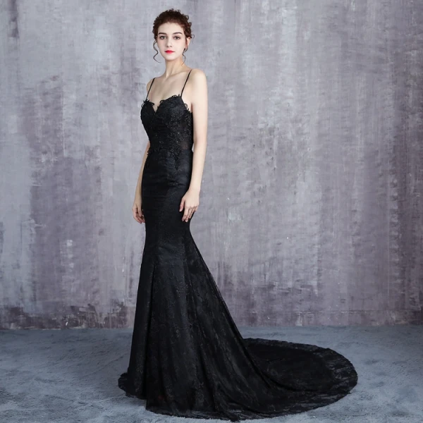 Charmant Noire Robe De Soirée 2019 Trompette / Sirène Bretelles Spaghetti Dentelle Fleur Perlage Paillettes Sans Manches Dos Nu Tribunal Train Robe De Ceremonie