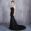 Charmant Noire Robe De Soirée 2019 Trompette / Sirène Bretelles Spaghetti Dentelle Fleur Perlage Paillettes Sans Manches Dos Nu Tribunal Train Robe De Ceremonie