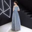 Elegant Sky Blue Evening Dresses  2019 A-Line / Princess Scoop Neck Lace Sequins Appliques Short Sleeve Floor-Length / Long Formal Dresses