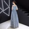 Elegant Sky Blue Evening Dresses  2019 A-Line / Princess Scoop Neck Lace Sequins Appliques Short Sleeve Floor-Length / Long Formal Dresses
