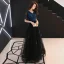 Chic / Belle Bleu Marine Robe De Soirée 2019 Princesse V-Cou En Dentelle Fleur Perlage Cristal Manches Courtes Dos Nu Longue Robe De Ceremonie