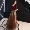 Modern / Fashion Burgundy Evening Dresses  2019 A-Line / Princess V-Neck Tassel Sequins 1/2 Sleeves Backless Floor-Length / Long Formal Dresses