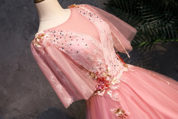 Élégant Rose Bonbon Robe De Bal 2019 Princesse Encolure Dégagée 1/2 Manches Perlage En Dentelle Fleur Dos Nu Longue Robe De Ceremonie