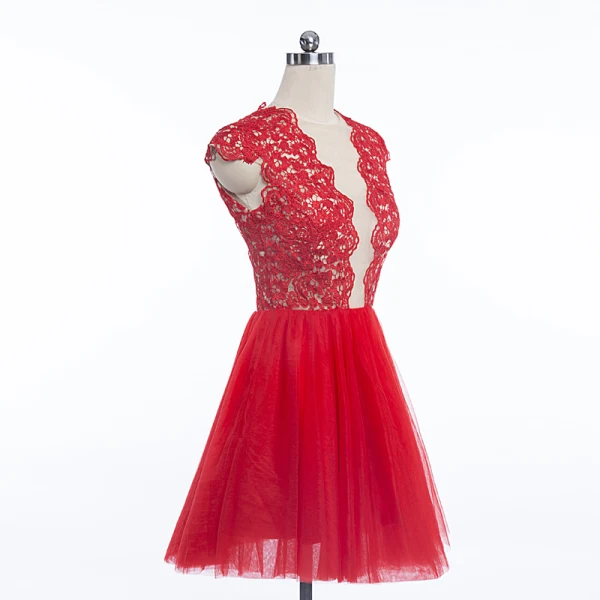 Sexy Rouge Robe De Fete 2018 Courte Encolure Dégagée En Dentelle Fleur Sans Manches Dos Nu Robe De Ceremonie