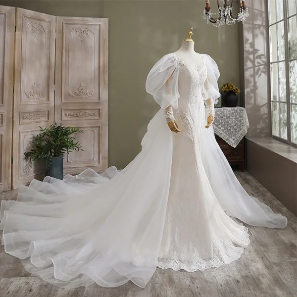 Luxury / Gorgeous Ivory Trumpet / Mermaid Wedding Dresses 2021 V-Neck Beading Pearl Lace Flower Long Sleeve Backless Cathedral Train Wedding