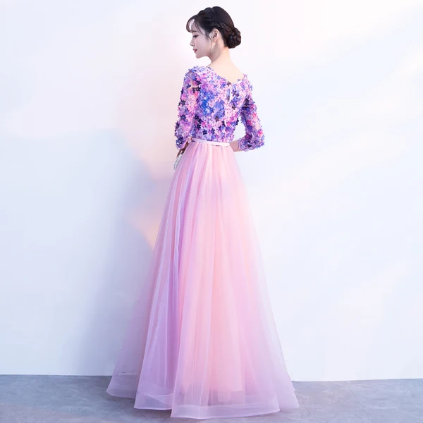 Chic / Beautiful Candy Pink Prom Dresses 2018 A-Line / Princess Appliques Bow Scoop Neck 3/4 Sleeve Floor-Length / Long Formal Dresses