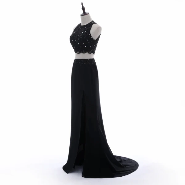 Chic / Belle 2 Pièces Noire Robe De Soirée 2018 Trompette / Sirène Encolure Dégagée Sans Manches Perlage En Dentelle Fleur Paillettes Faux Diamant Dos Nu Train De Balayage Robe De Ceremonie