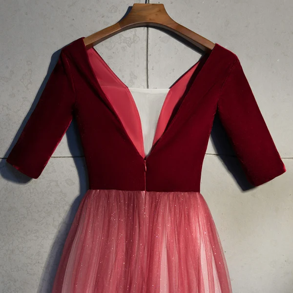 Chic / Beautiful Burgundy Evening Dresses 2019 A-Line / Princess V-Neck Suede 1/2 Sleeves Backless Sequins Floor-Length / Long Formal Dresses